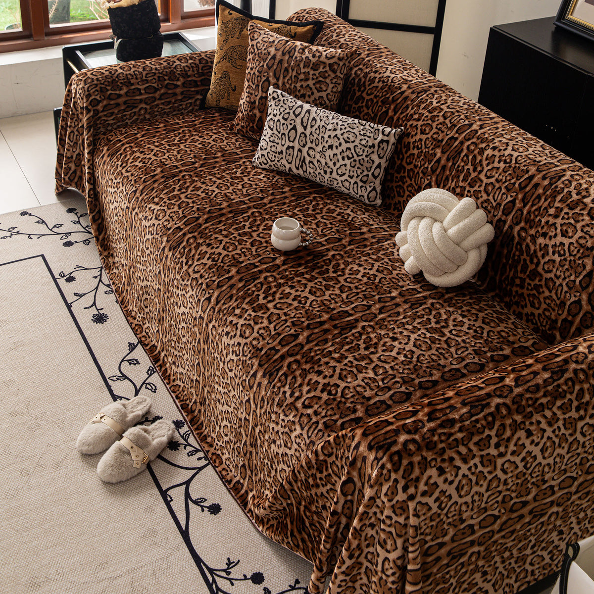 Leopard Print Flannel Sofa Throw Cover, Soft Couch Protector for Pets, Kids & Home