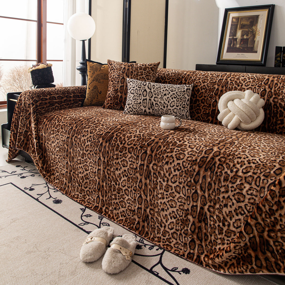 Leopard Print Flannel Sofa Throw Cover, Soft Couch Protector for Pets, Kids & Home