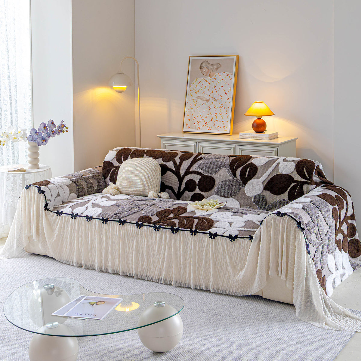 3D Floral Sofa Throw Cover, Soft Plush Couch Protector with Decorative Ruffled Skirt