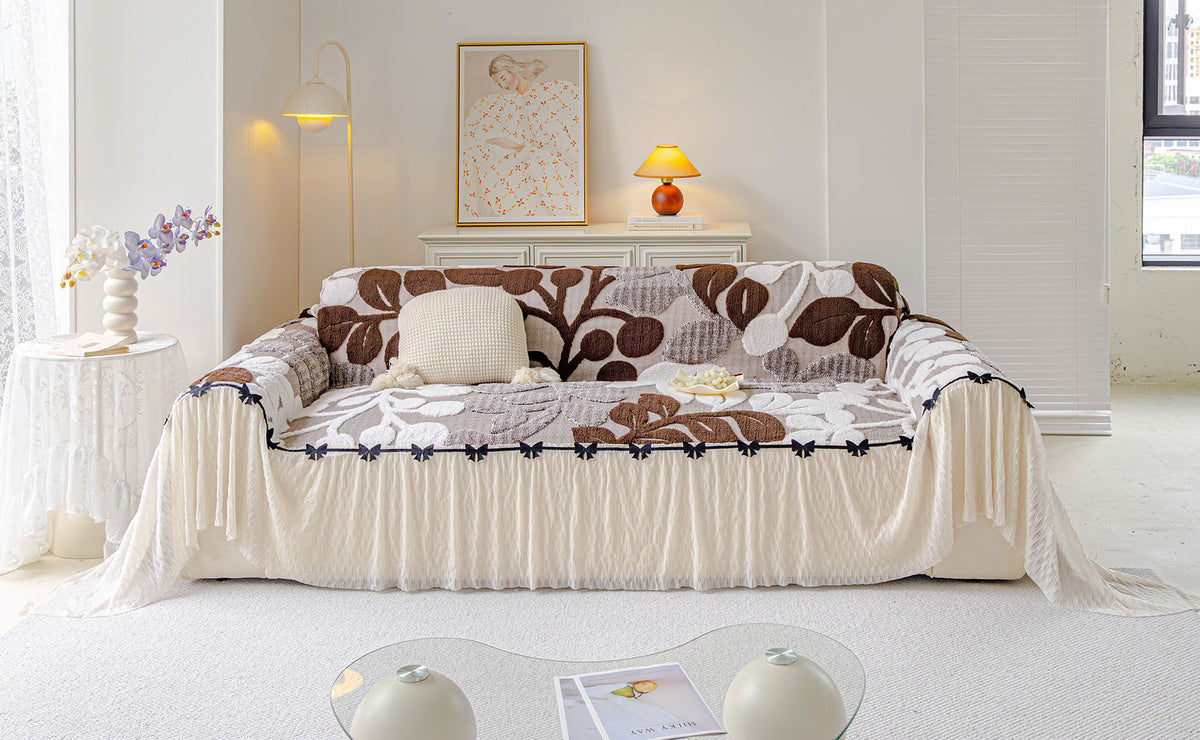 3D Floral Sofa Throw Cover, Soft Plush Couch Protector with Decorative Ruffled Skirt