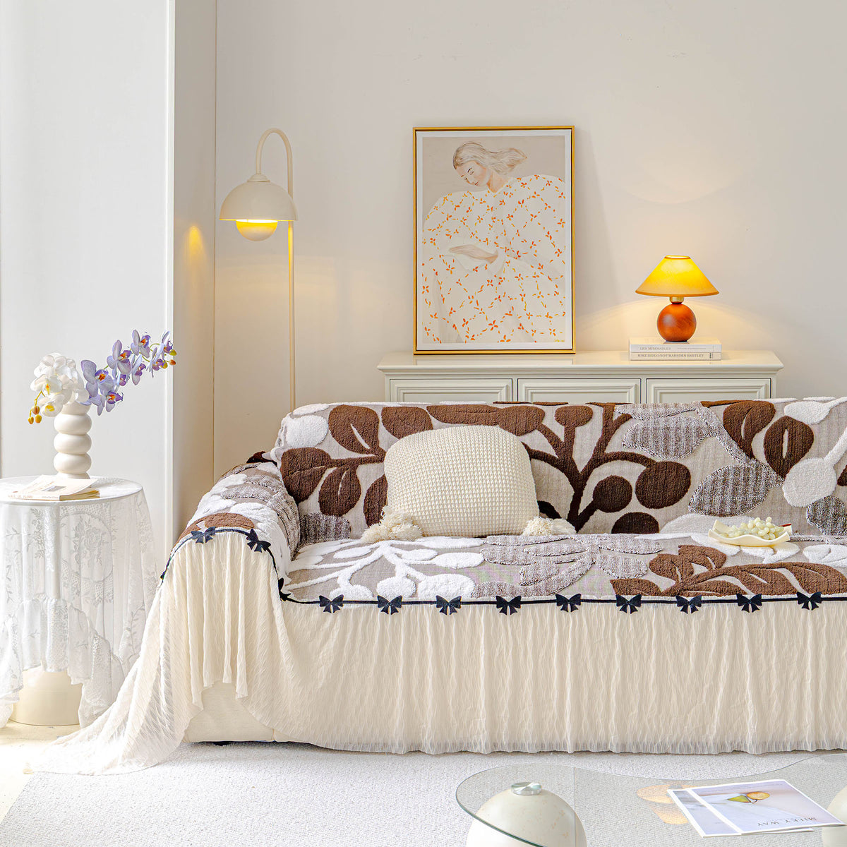 3D Floral Sofa Throw Cover, Soft Plush Couch Protector with Decorative Ruffled Skirt