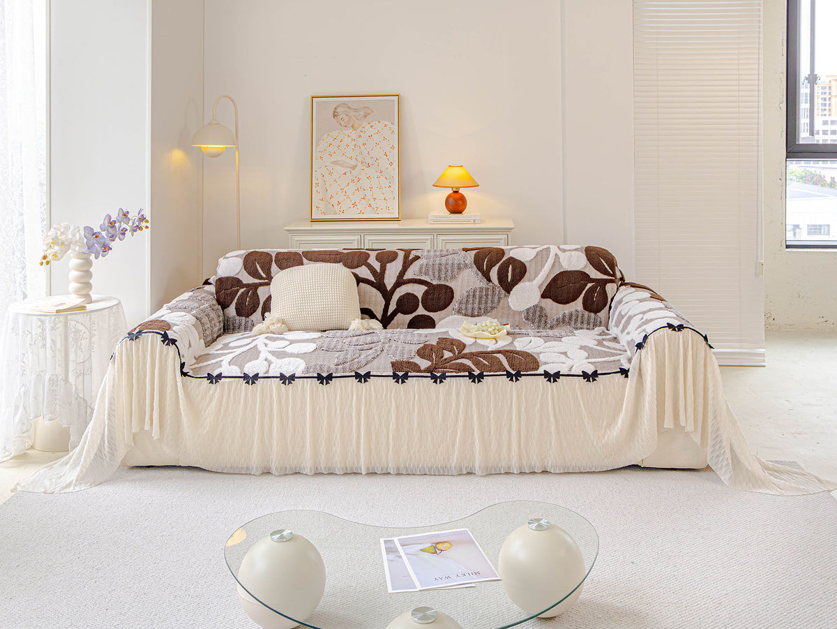3D Floral Sofa Throw Cover, Soft Plush Couch Protector with Decorative Ruffled Skirt
