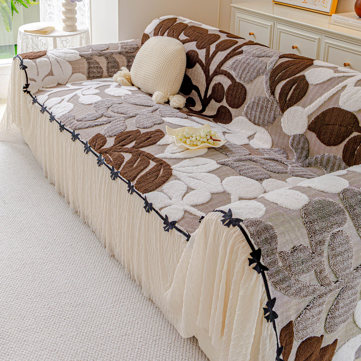 3D Floral Sofa Throw Cover, Soft Plush Couch Protector with Decorative Ruffled Skirt