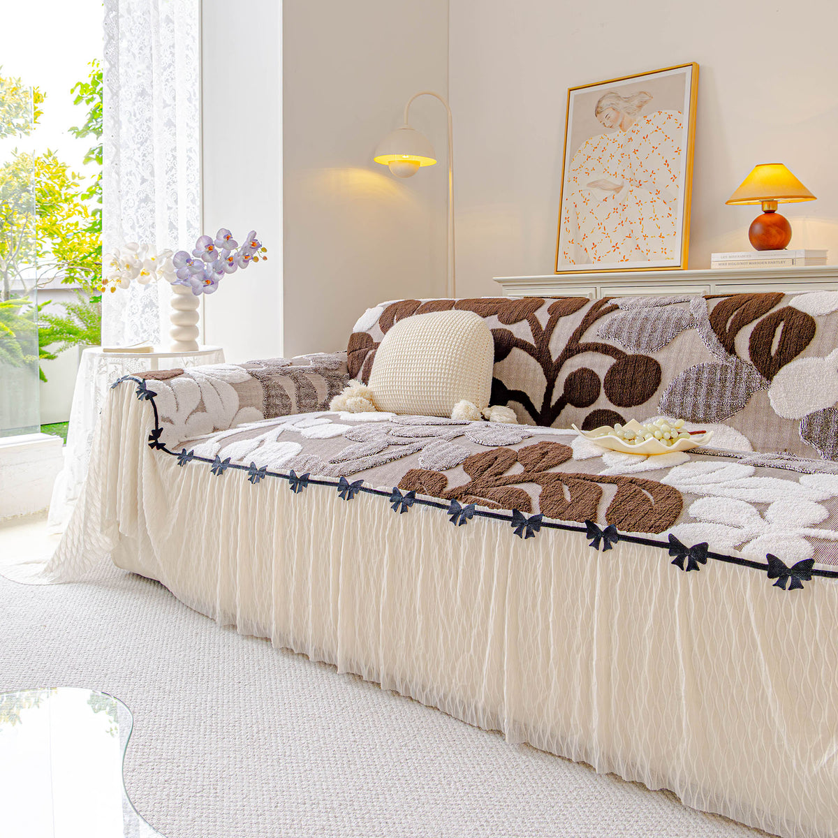 3D Floral Sofa Throw Cover, Soft Plush Couch Protector with Decorative Ruffled Skirt