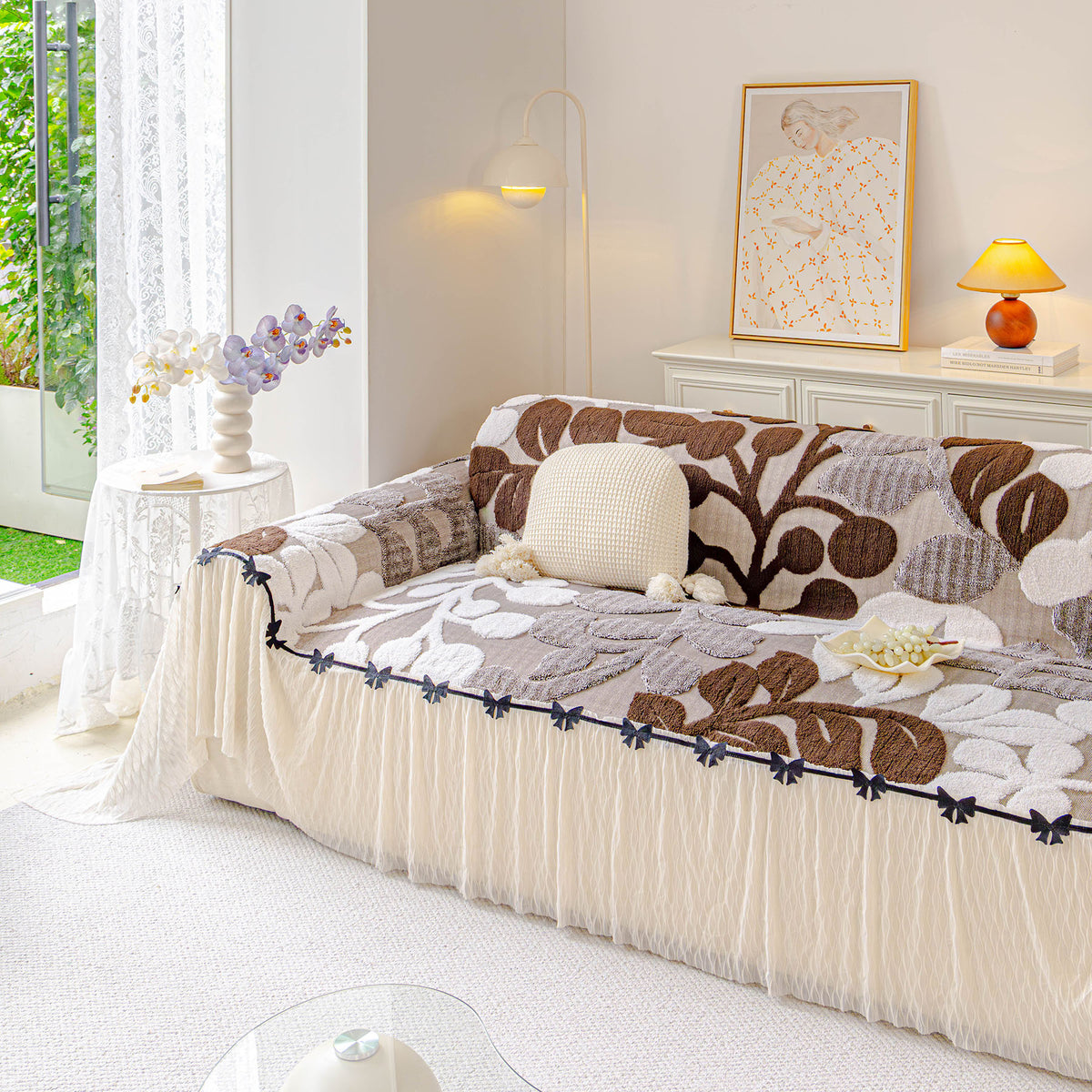 3D Floral Sofa Throw Cover, Soft Plush Couch Protector with Decorative Ruffled Skirt