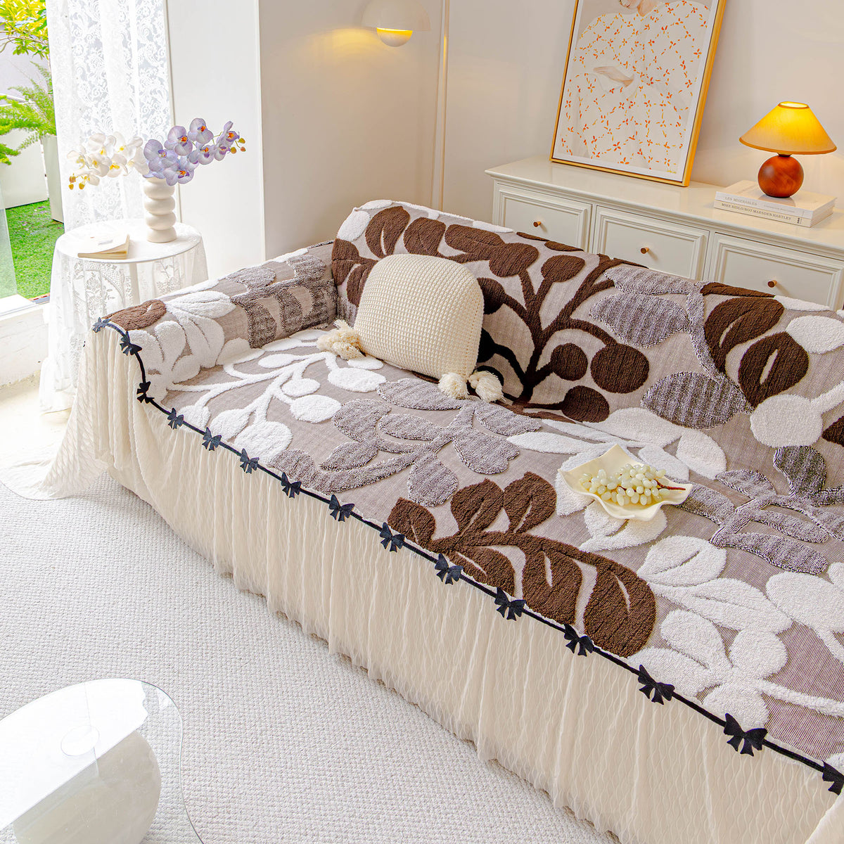 3D Floral Sofa Throw Cover, Soft Plush Couch Protector with Decorative Ruffled Skirt