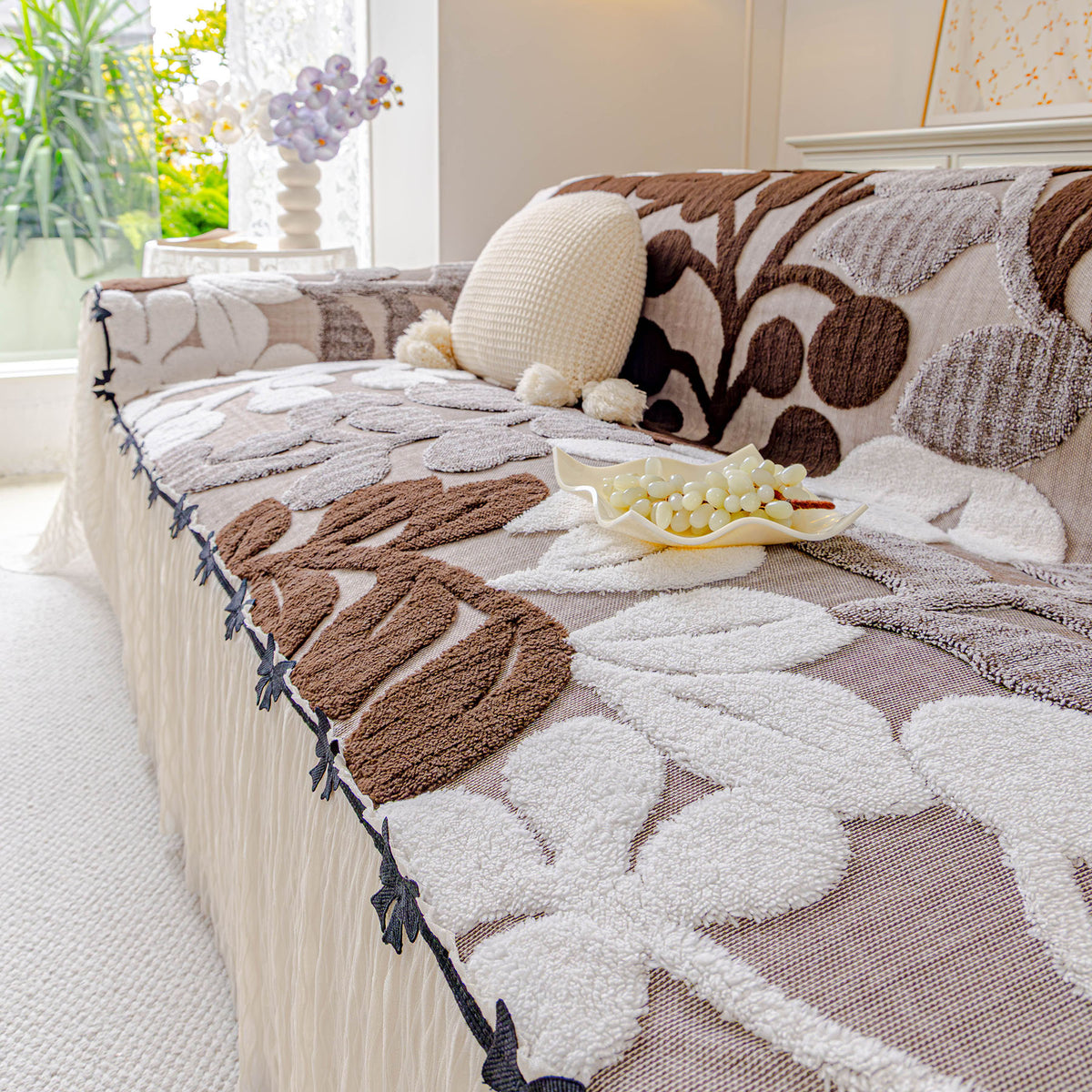 3D Floral Sofa Throw Cover, Soft Plush Couch Protector with Decorative Ruffled Skirt