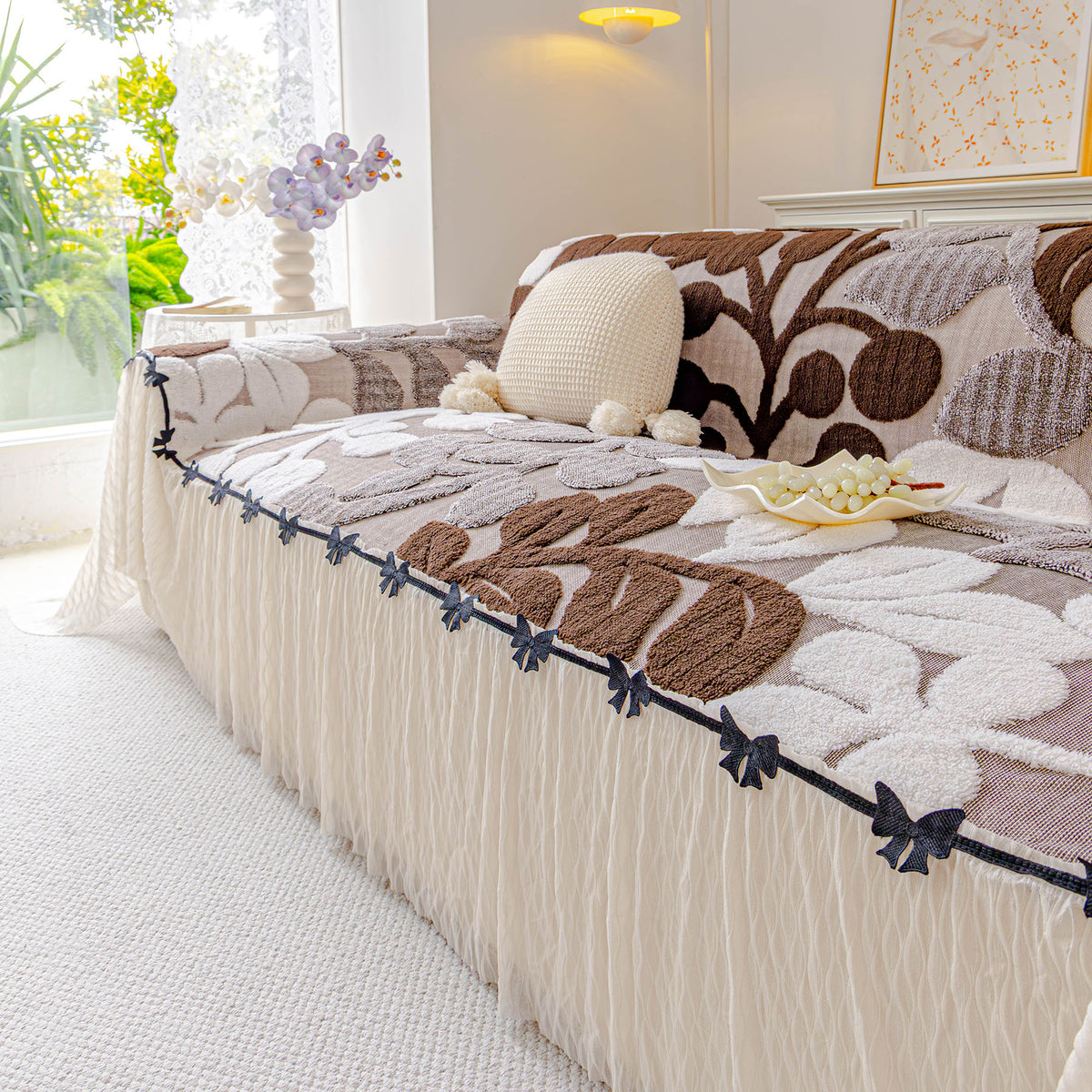 3D Floral Sofa Throw Cover, Soft Plush Couch Protector with Decorative Ruffled Skirt