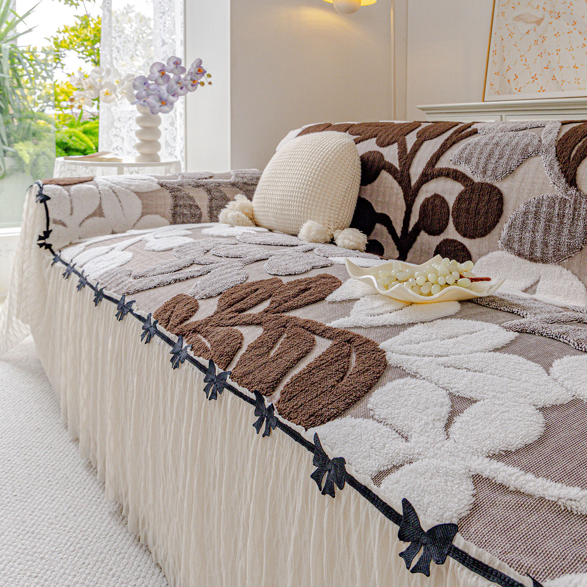 3D Floral Sofa Throw Cover, Soft Plush Couch Protector with Decorative Ruffled Skirt