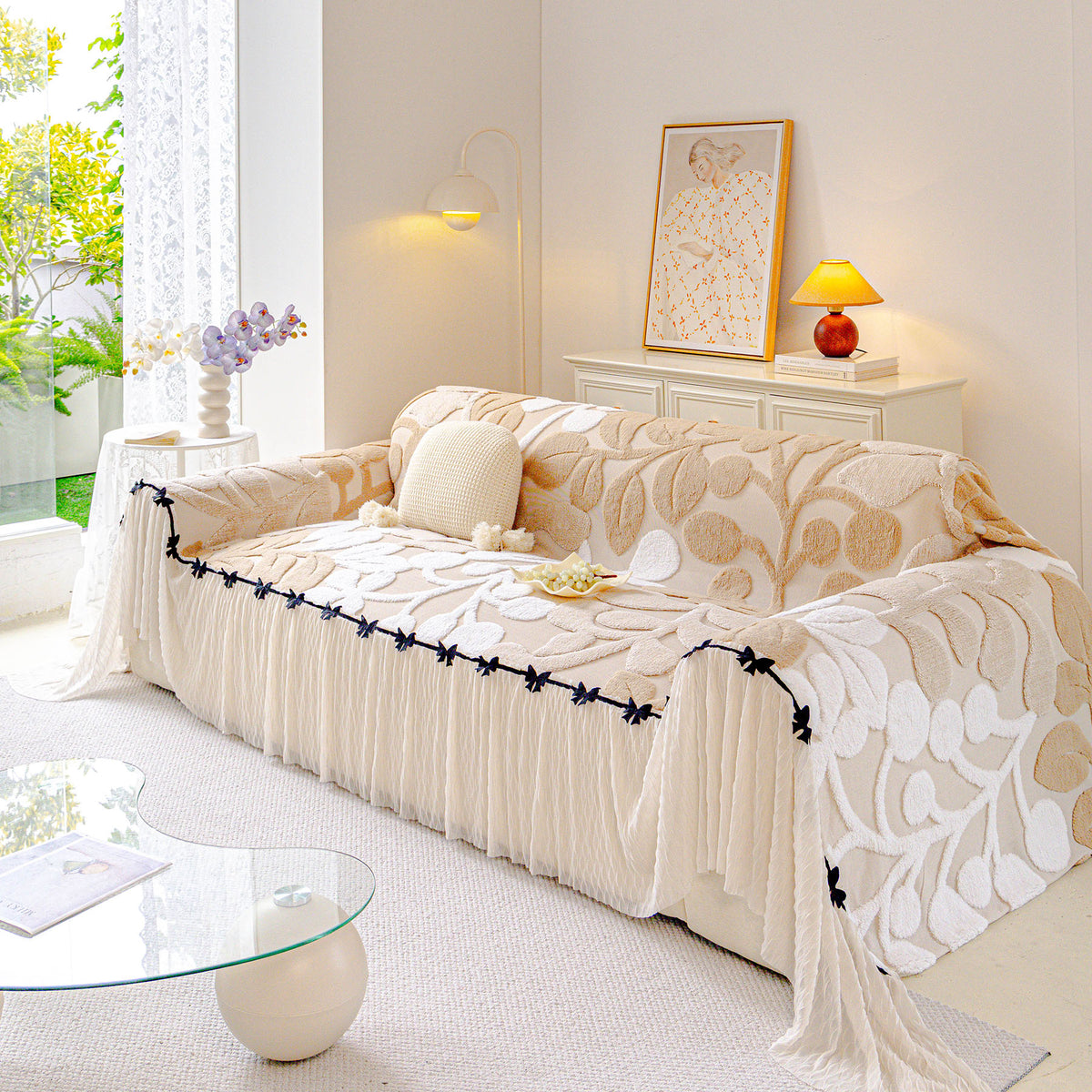 3D Floral Sofa Throw Cover, Soft Plush Couch Protector with Decorative Ruffled Skirt