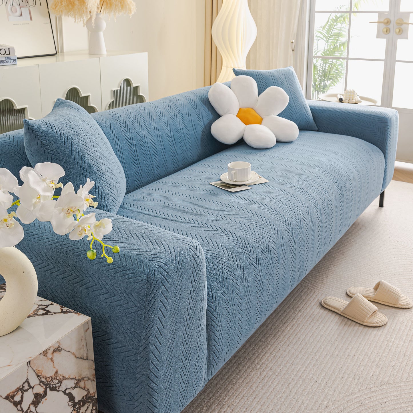 High Stretch Herringbone Textured Slipcover for Standard & L-Shaped Sectional Couches