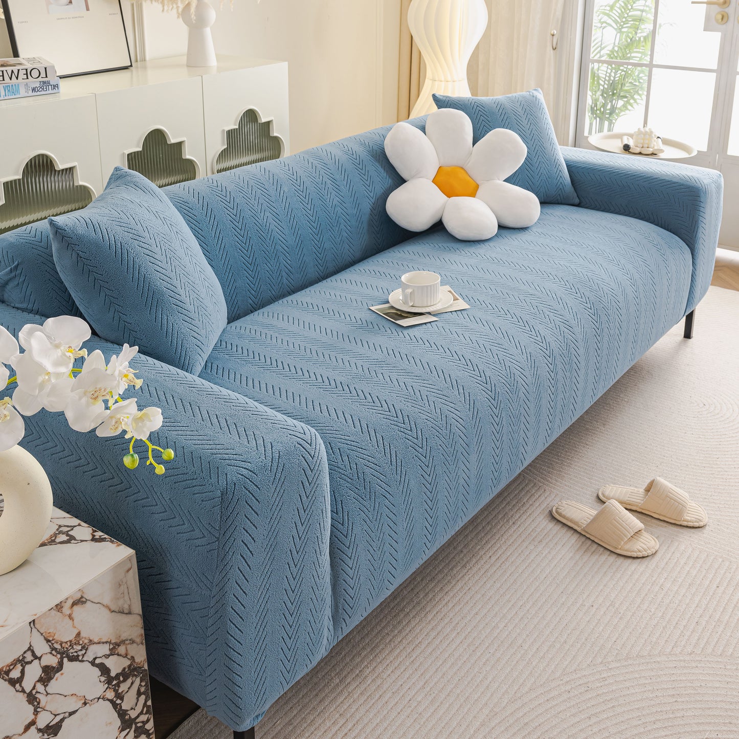 High Stretch Herringbone Textured Slipcover for Standard & L-Shaped Sectional Couches