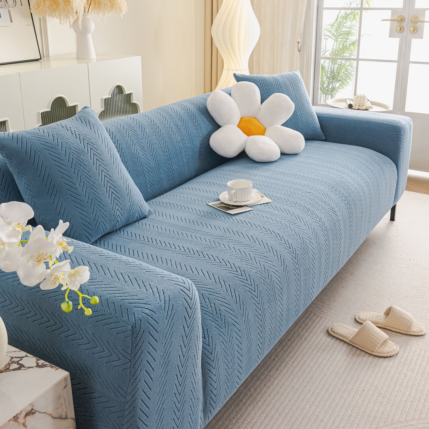 High Stretch Herringbone Textured Slipcover for Standard & L-Shaped Sectional Couches