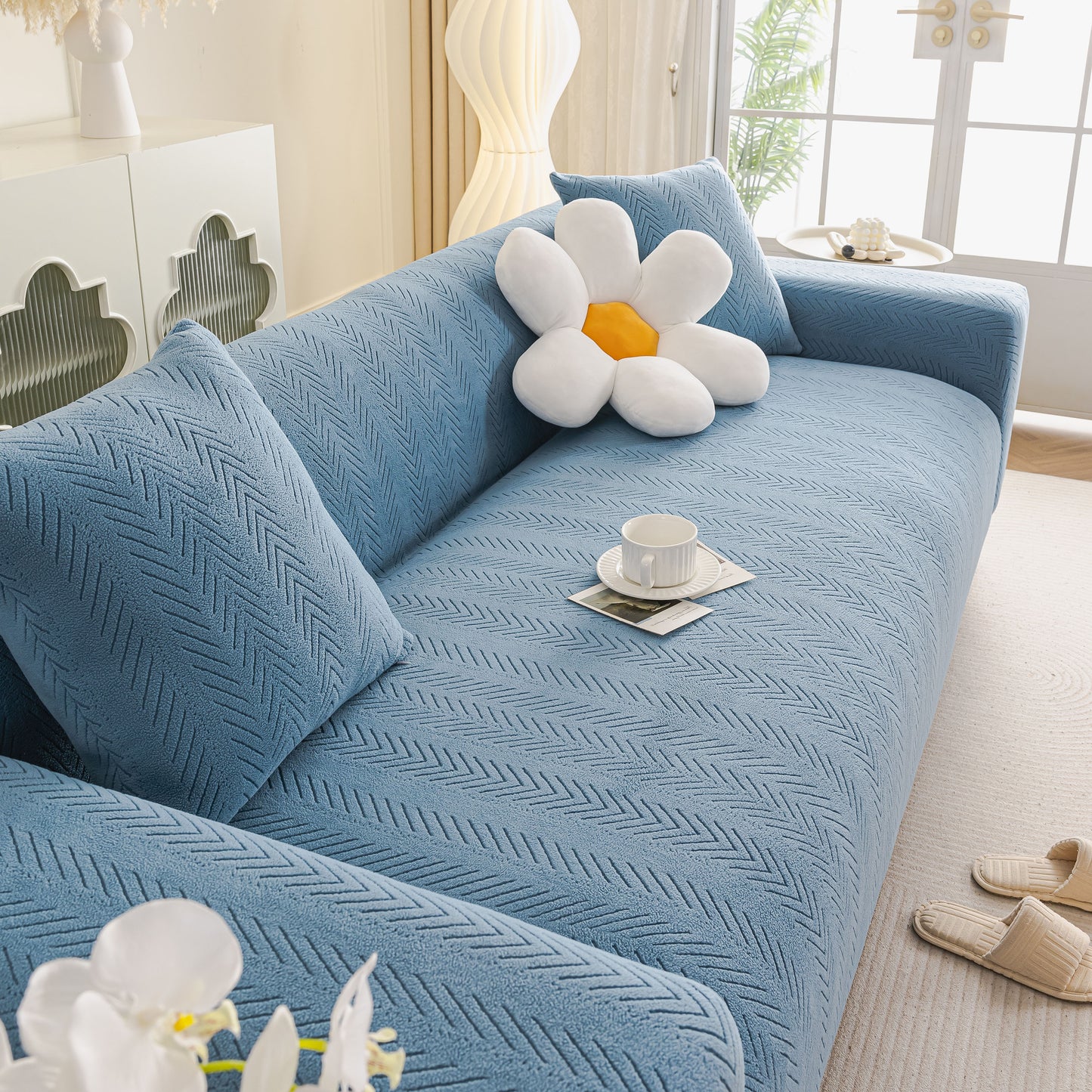 High Stretch Herringbone Textured Slipcover for Standard & L-Shaped Sectional Couches
