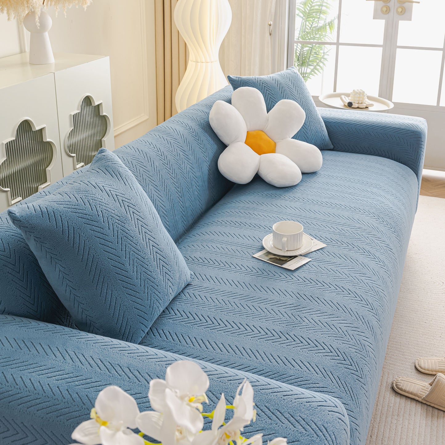 High Stretch Herringbone Textured Slipcover for Standard & L-Shaped Sectional Couches