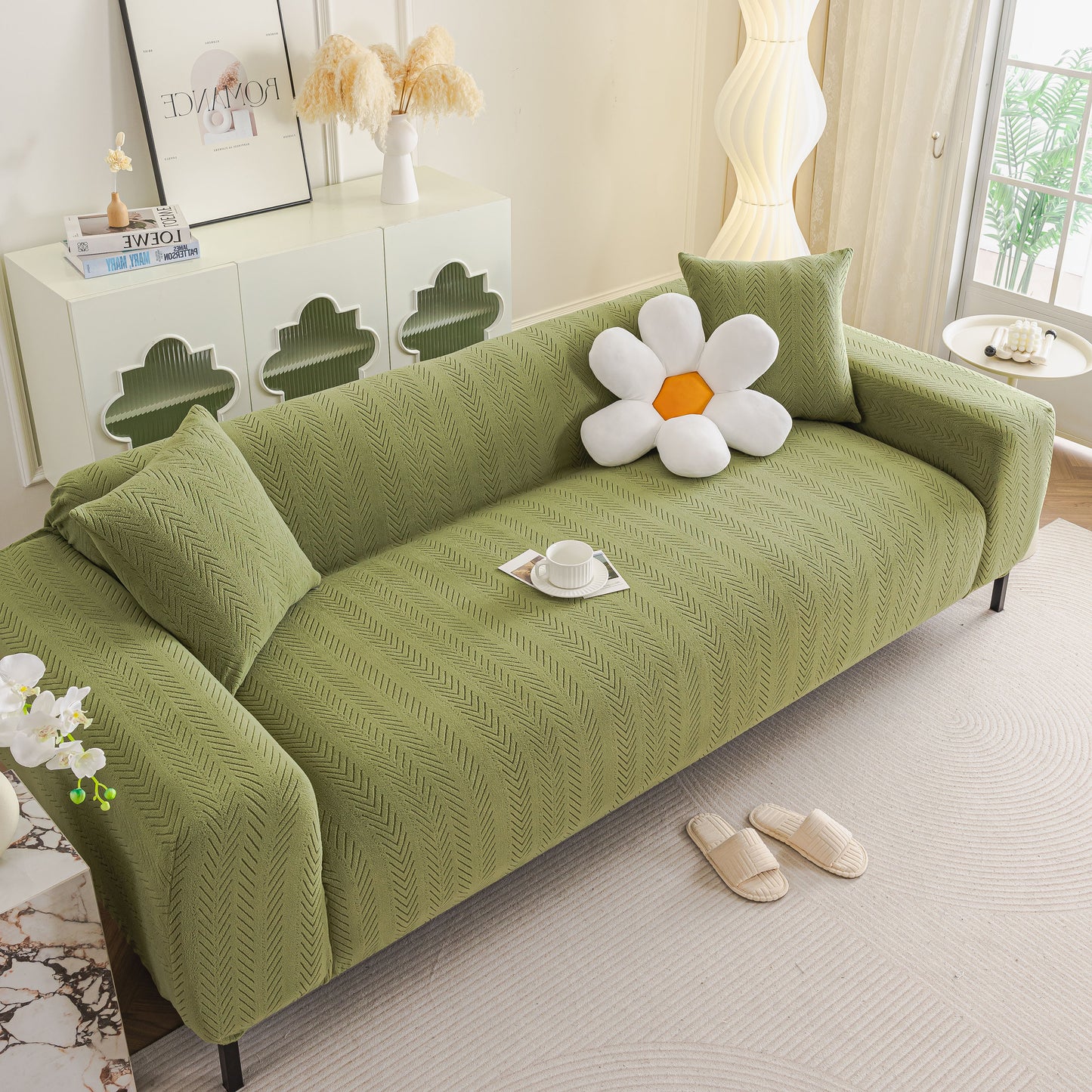 High Stretch Herringbone Textured Slipcover for Standard & L-Shaped Sectional Couches