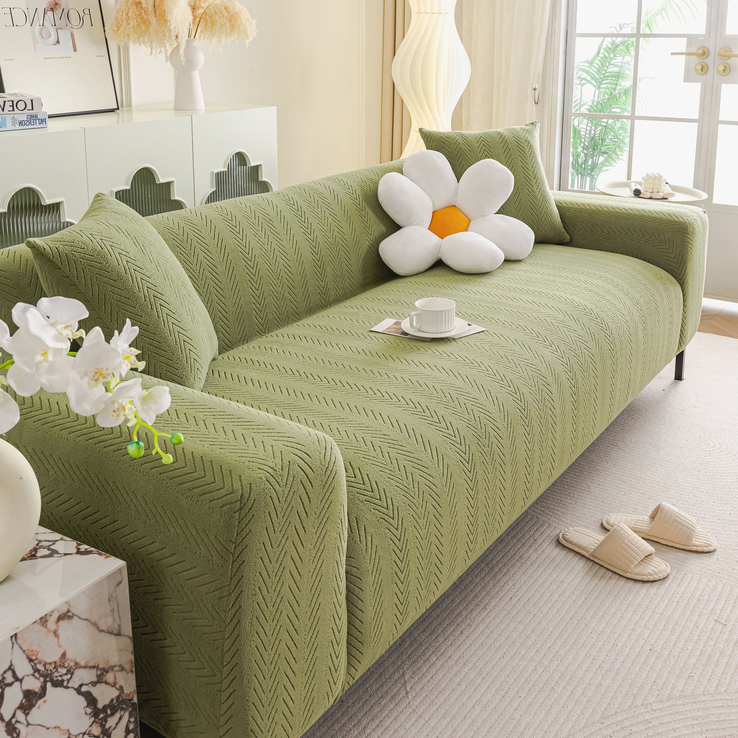 High Stretch Herringbone Textured Slipcover for Standard & L-Shaped Sectional Couches