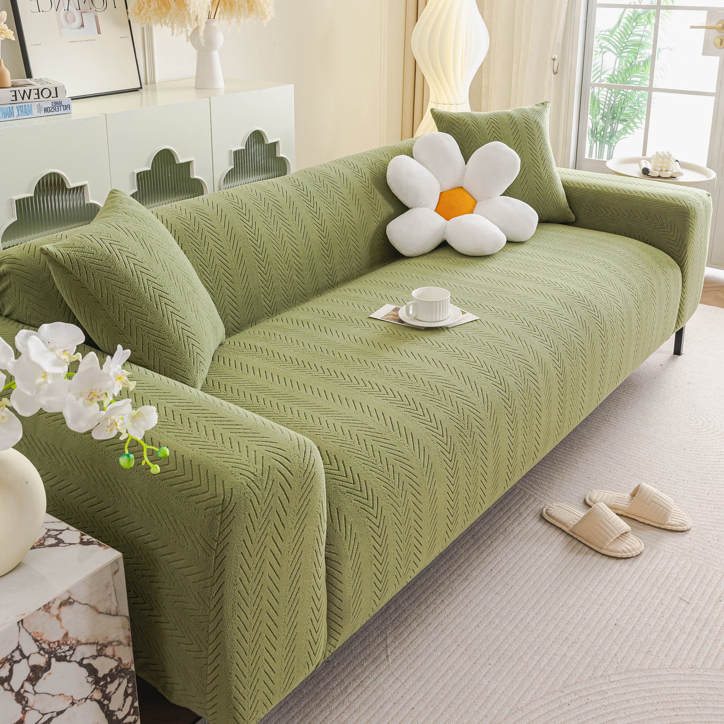 High Stretch Herringbone Textured Slipcover for Standard & L-Shaped Sectional Couches