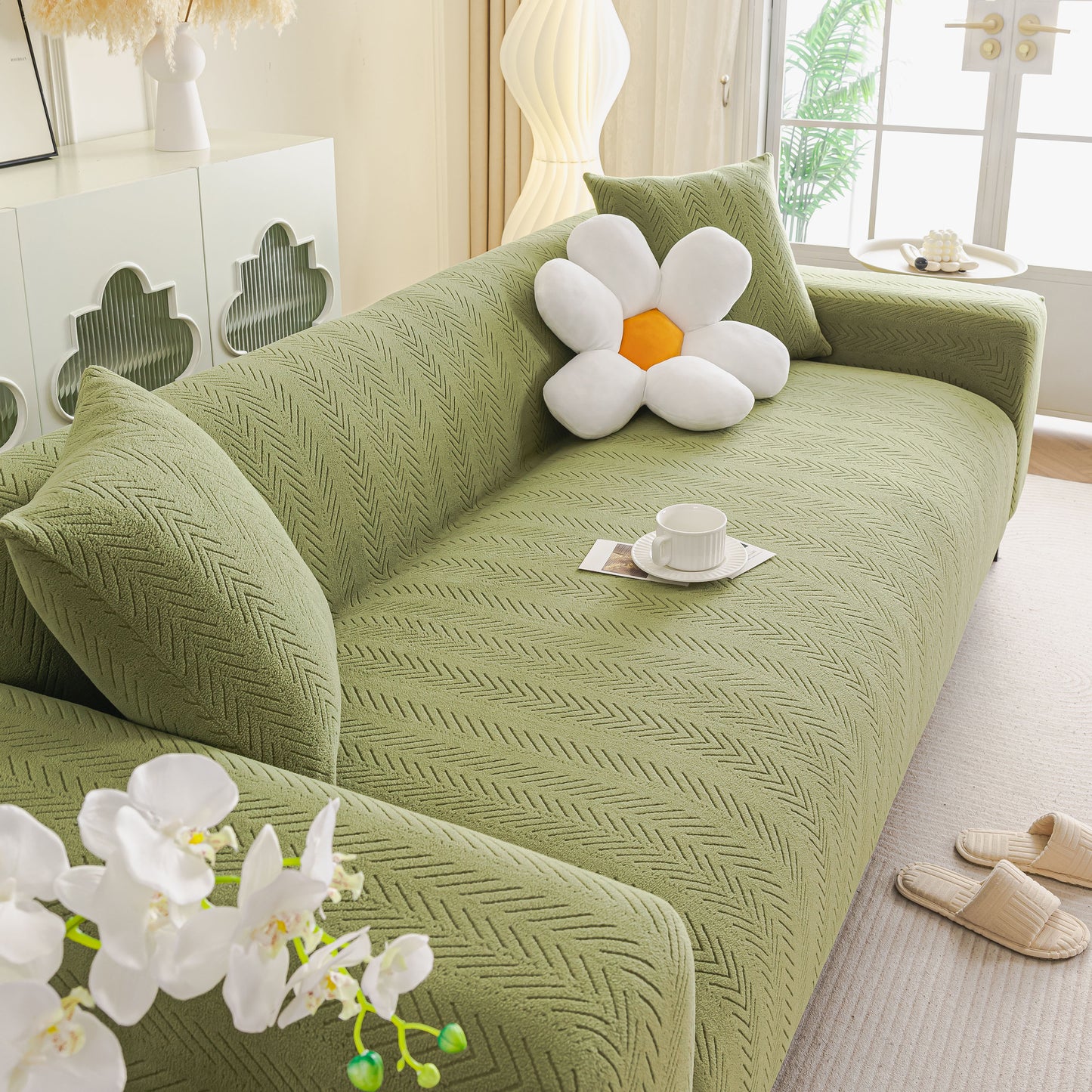 High Stretch Herringbone Textured Slipcover for Standard & L-Shaped Sectional Couches