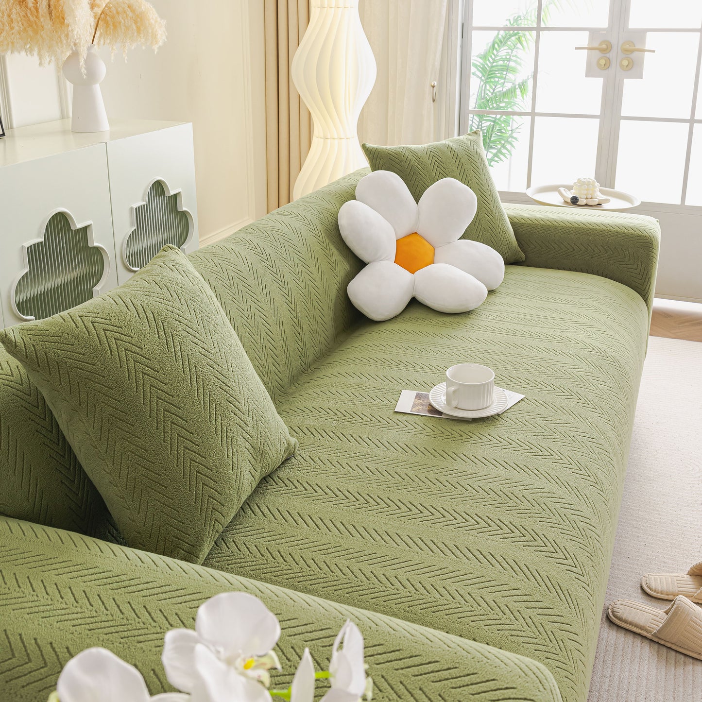 High Stretch Herringbone Textured Slipcover for Standard & L-Shaped Sectional Couches
