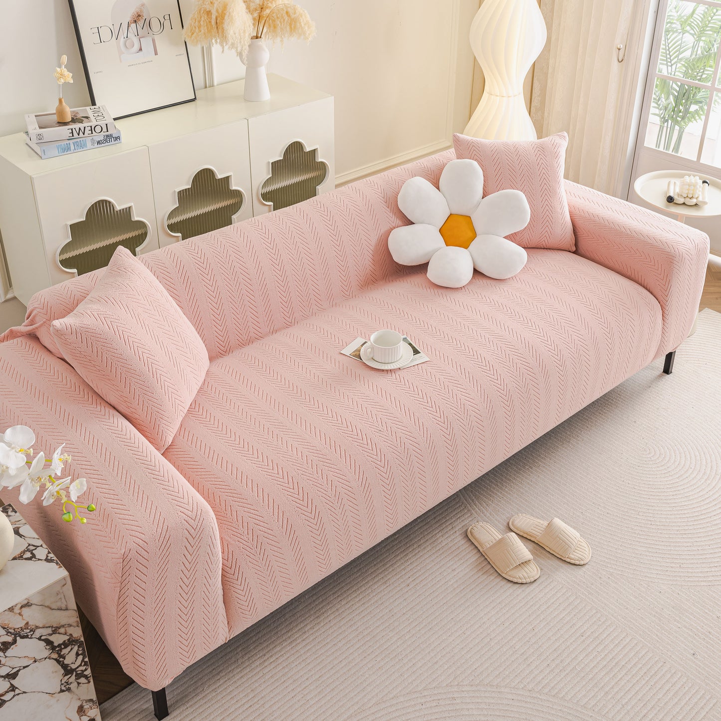 High Stretch Herringbone Textured Slipcover for Standard & L-Shaped Sectional Couches