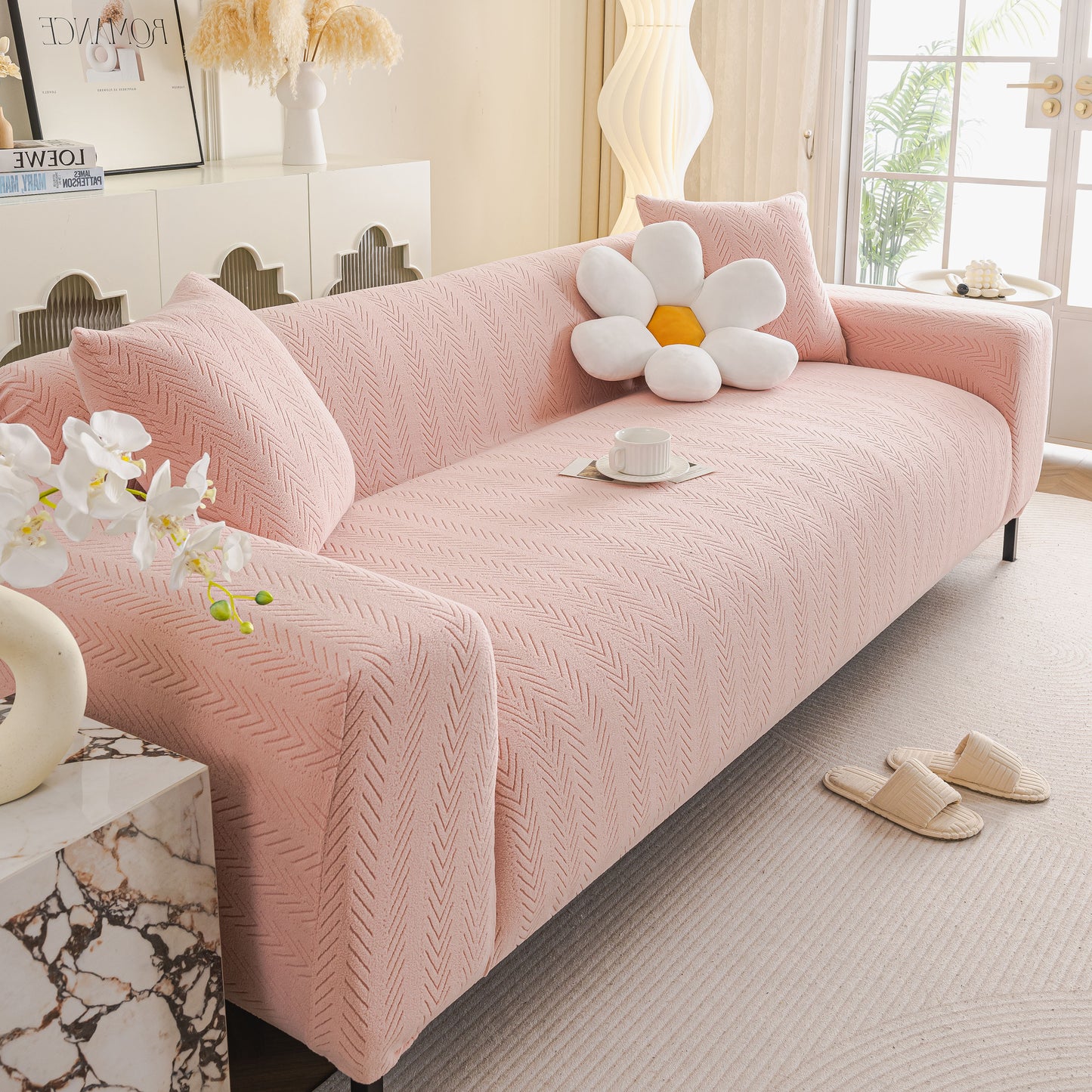 High Stretch Herringbone Textured Slipcover for Standard & L-Shaped Sectional Couches