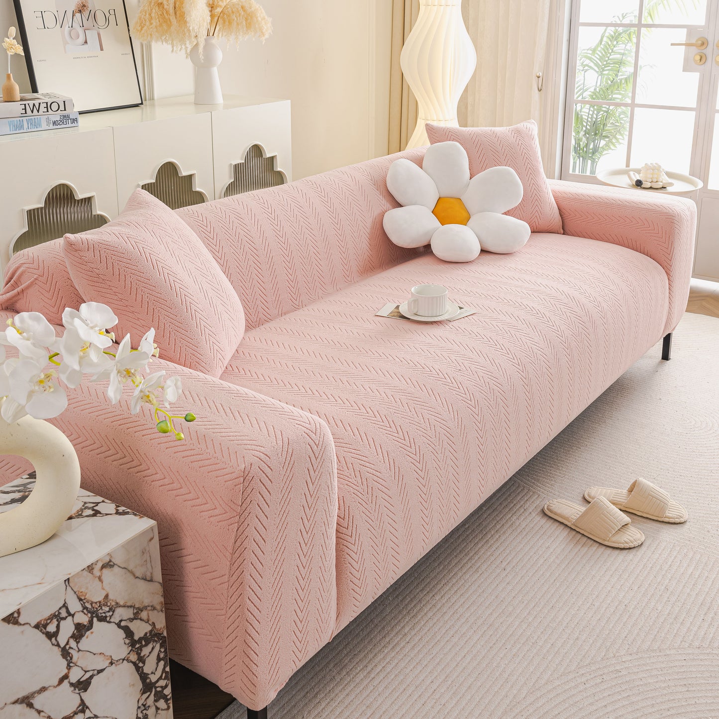 High Stretch Herringbone Textured Slipcover for Standard & L-Shaped Sectional Couches