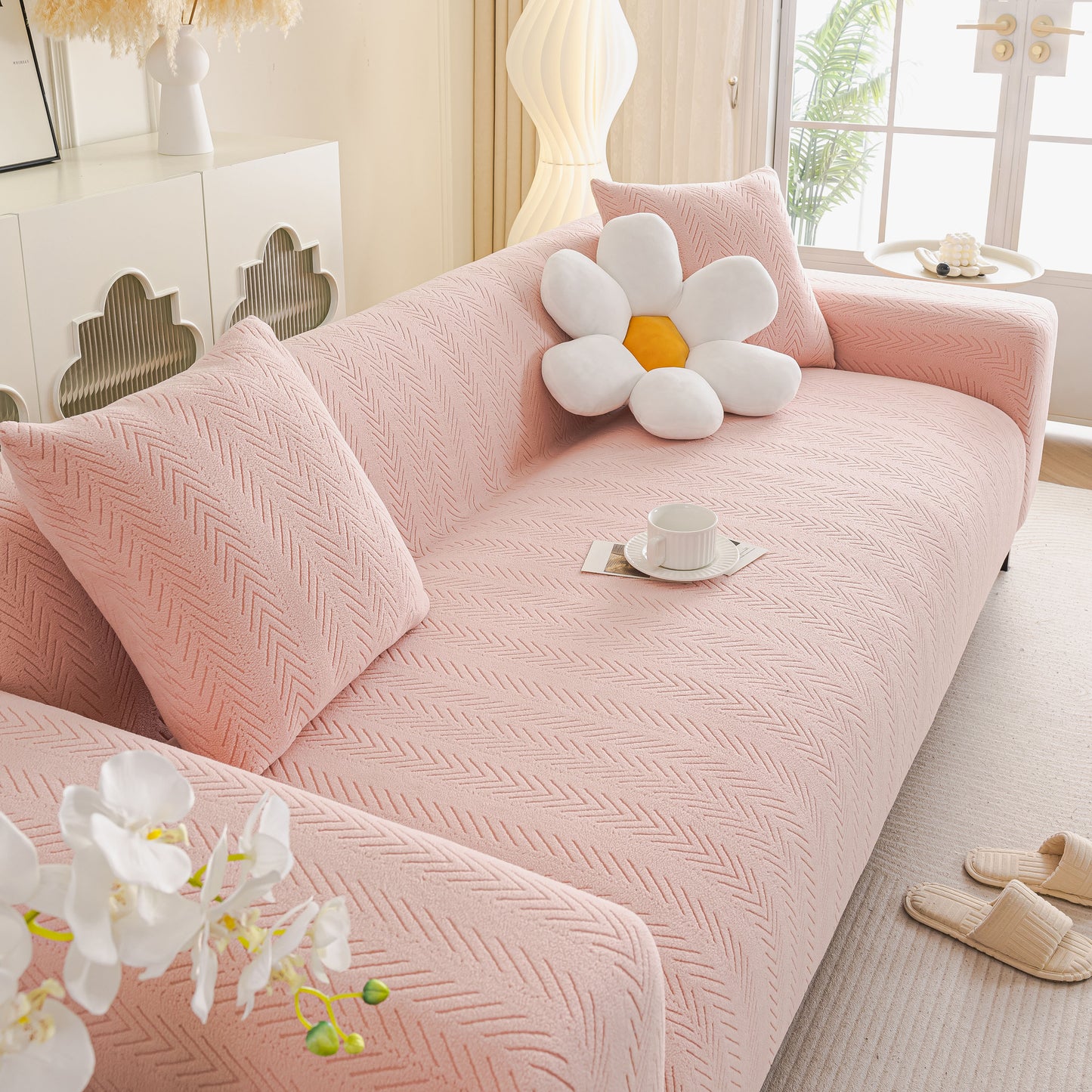 High Stretch Herringbone Textured Slipcover for Standard & L-Shaped Sectional Couches