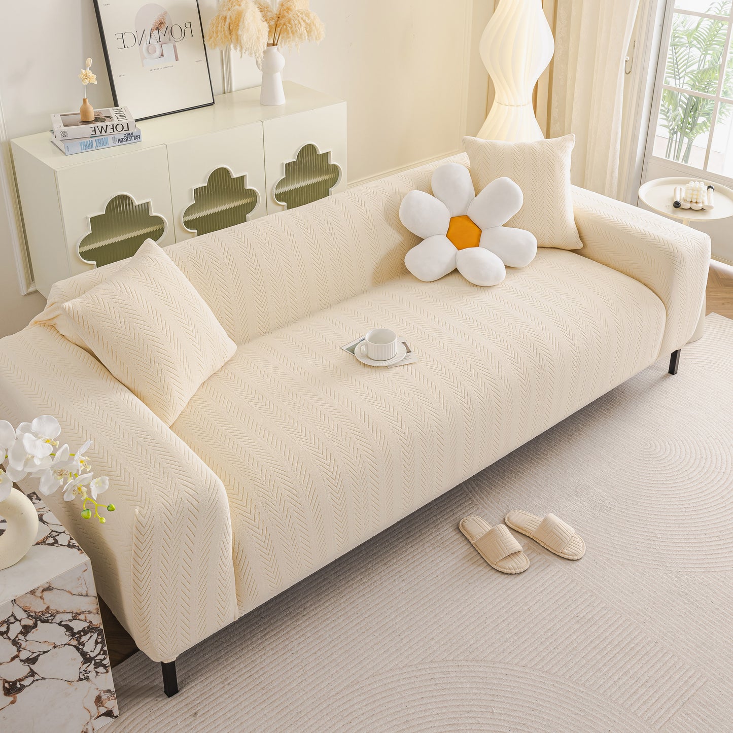High Stretch Herringbone Textured Slipcover for Standard & L-Shaped Sectional Couches
