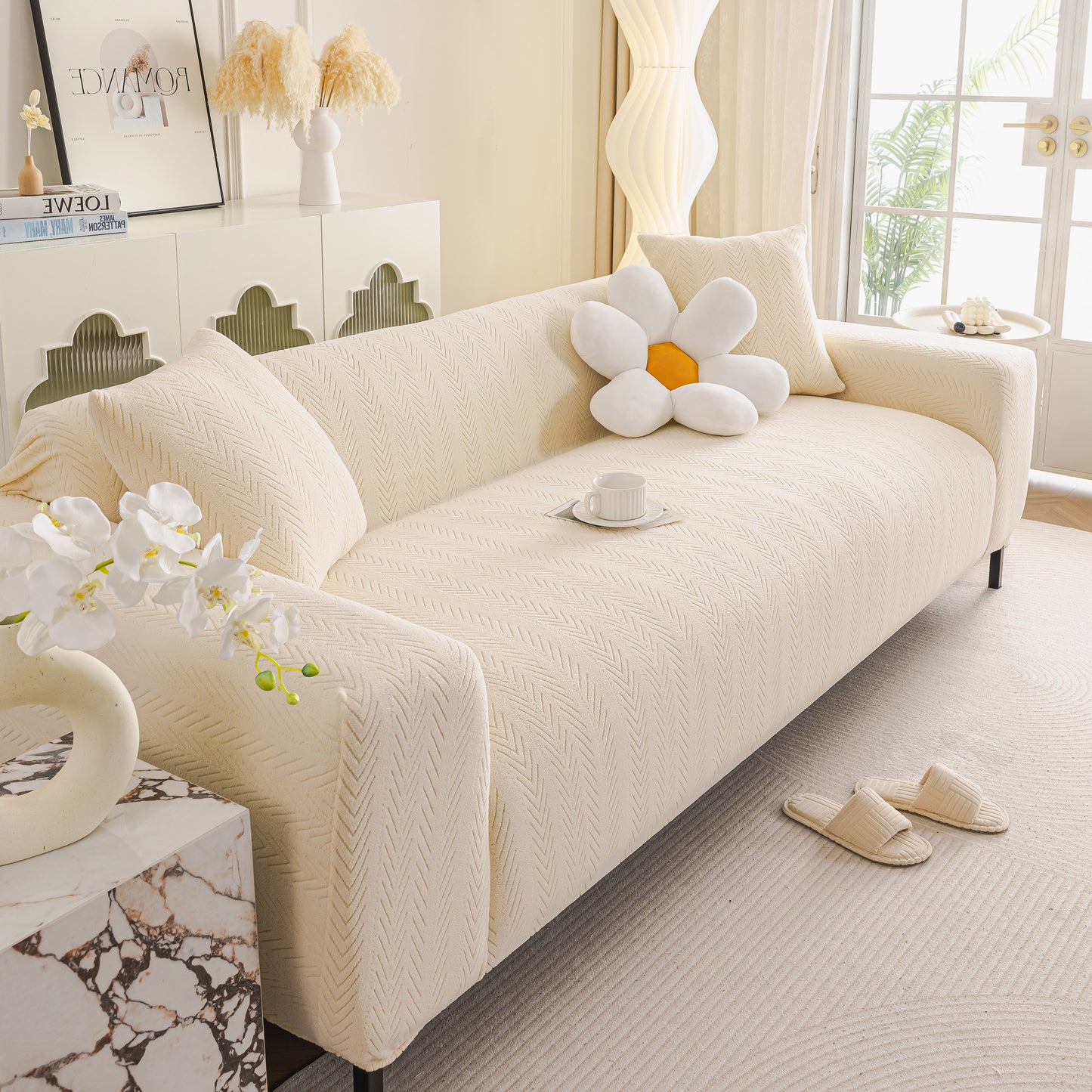 High Stretch Herringbone Textured Slipcover for Standard & L-Shaped Sectional Couches