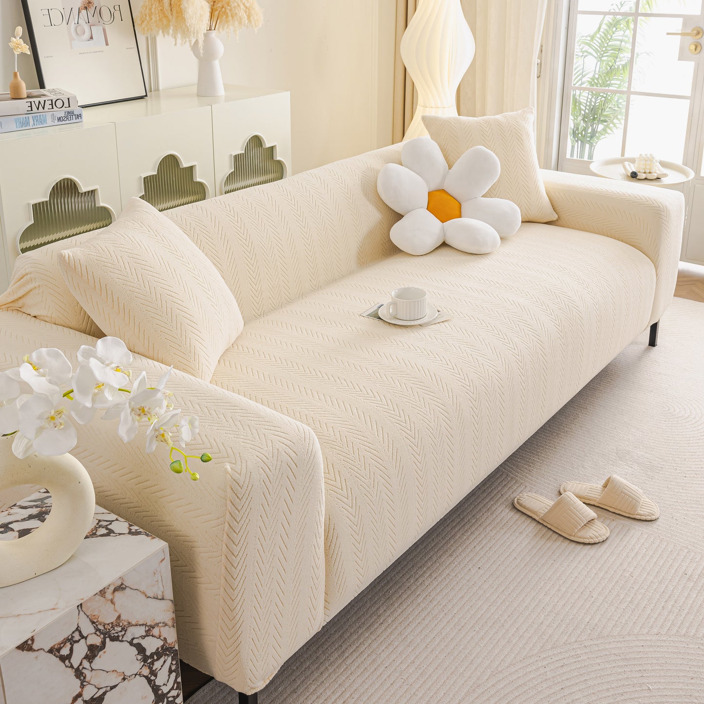 High Stretch Herringbone Textured Slipcover for Standard & L-Shaped Sectional Couches