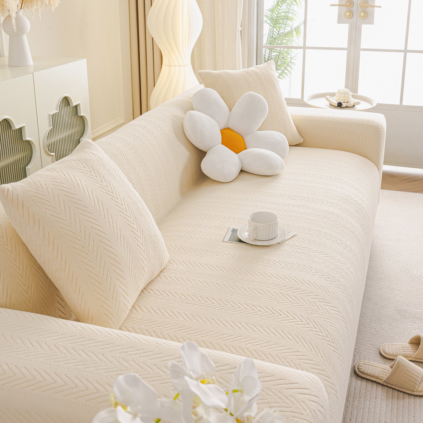 High Stretch Herringbone Textured Slipcover for Standard & L-Shaped Sectional Couches