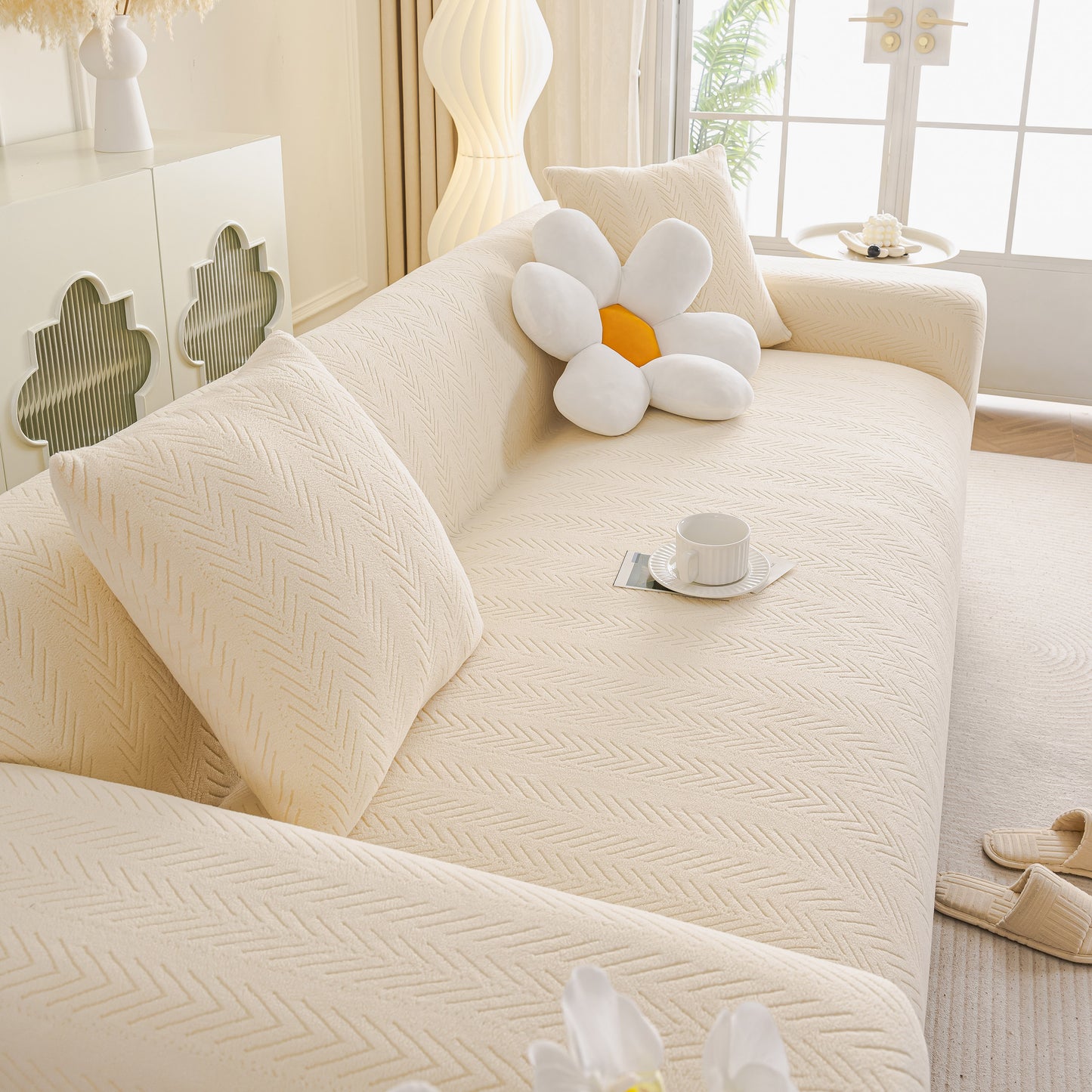 High Stretch Herringbone Textured Slipcover for Standard & L-Shaped Sectional Couches