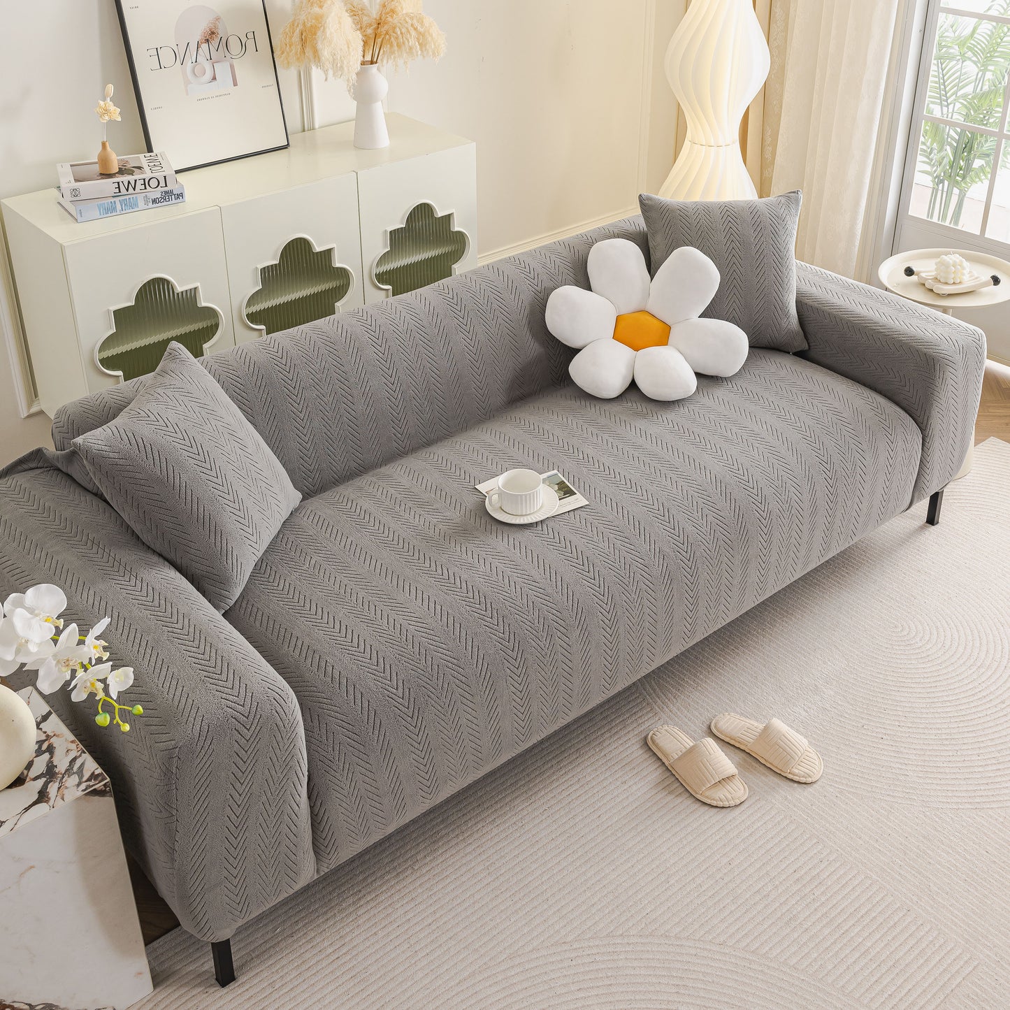 High Stretch Herringbone Textured Slipcover for Standard & L-Shaped Sectional Couches