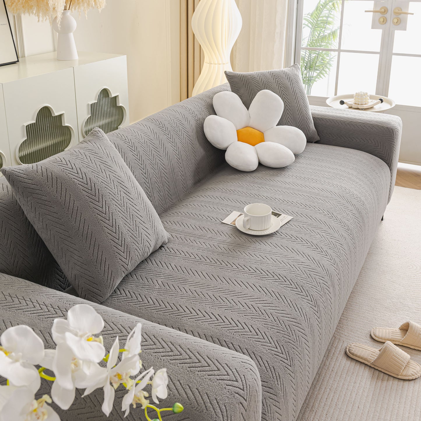 High Stretch Herringbone Textured Slipcover for Standard & L-Shaped Sectional Couches
