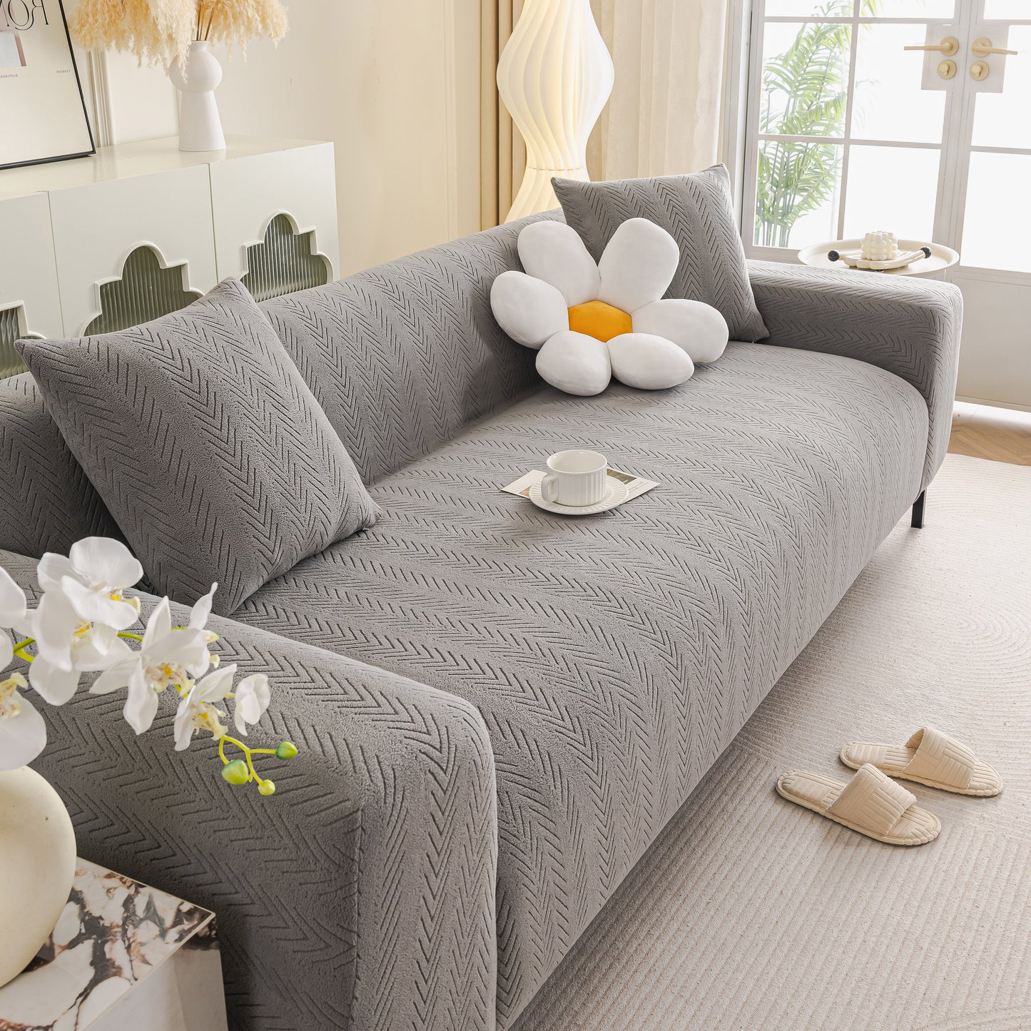 High Stretch Herringbone Textured Slipcover for Standard & L-Shaped Sectional Couches