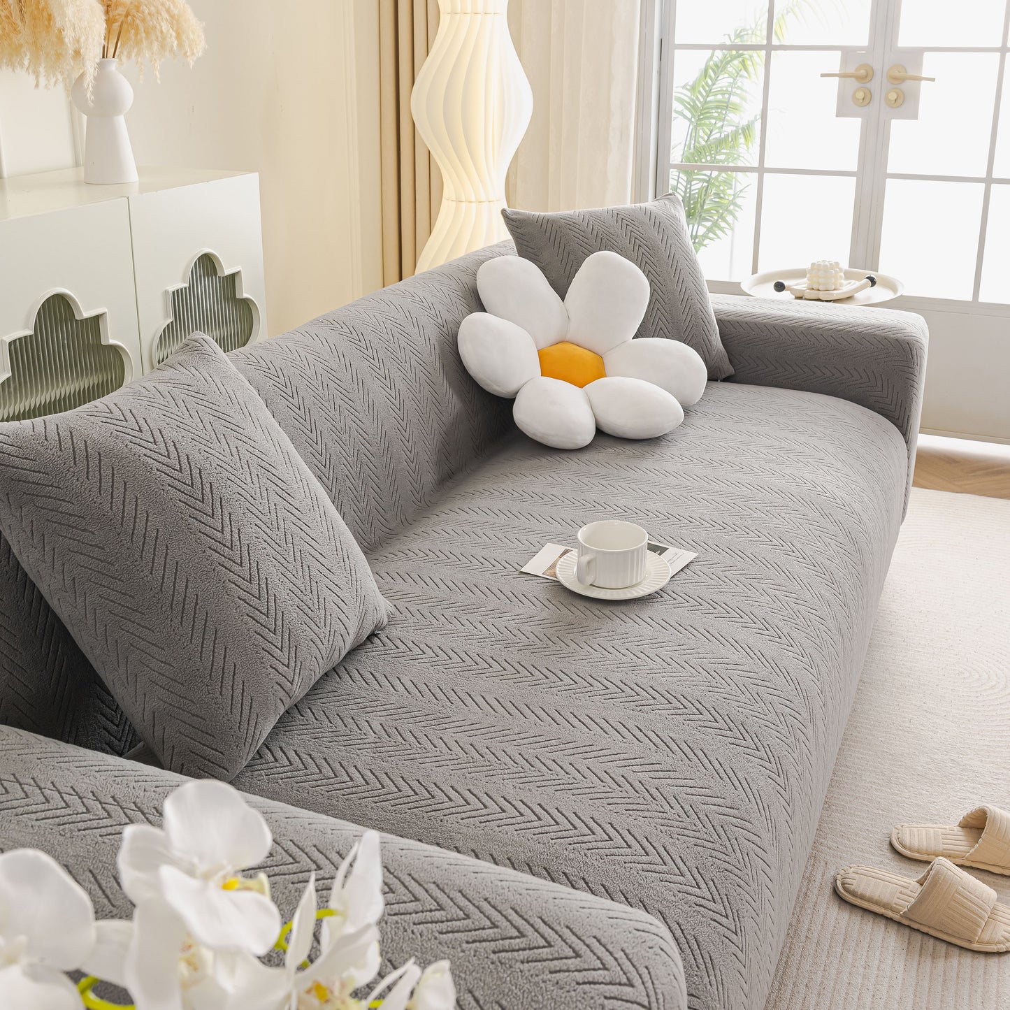 High Stretch Herringbone Textured Slipcover for Standard & L-Shaped Sectional Couches