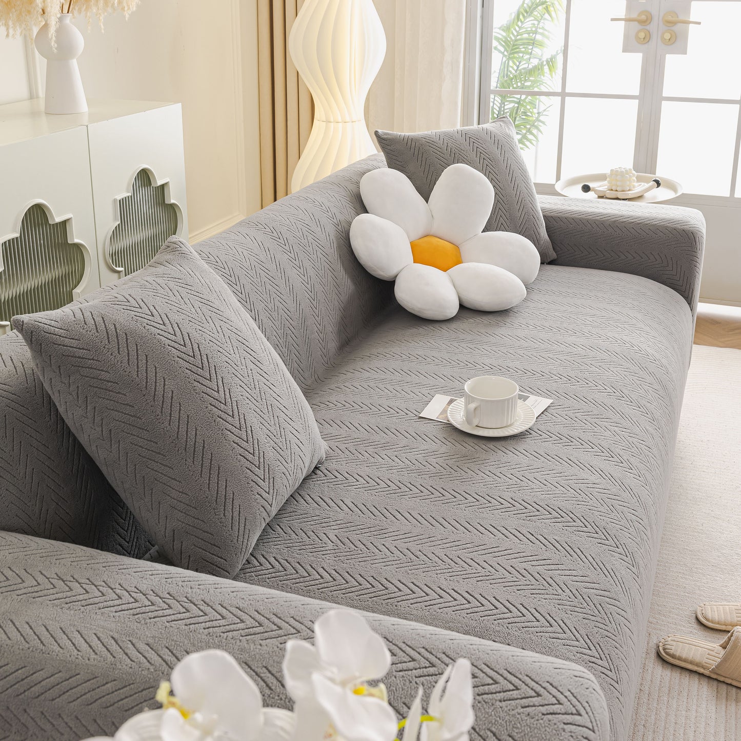 High Stretch Herringbone Textured Slipcover for Standard & L-Shaped Sectional Couches