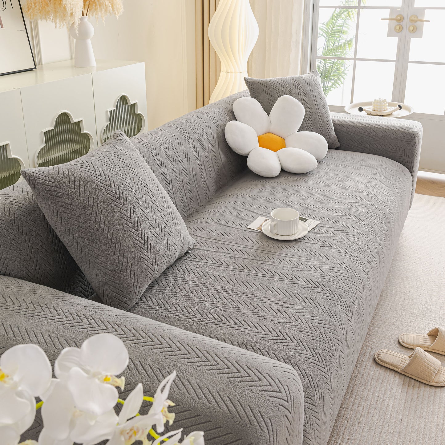 High Stretch Herringbone Textured Slipcover for Standard & L-Shaped Sectional Couches