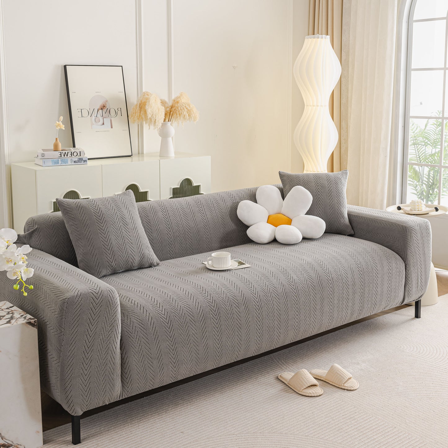 High Stretch Herringbone Textured Slipcover for Standard & L-Shaped Sectional Couches