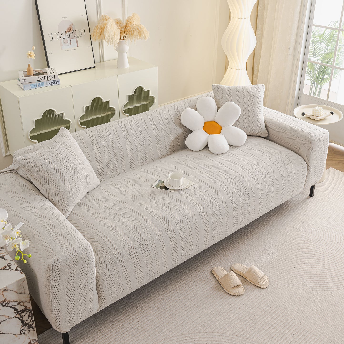 High Stretch Herringbone Textured Slipcover for Standard & L-Shaped Sectional Couches