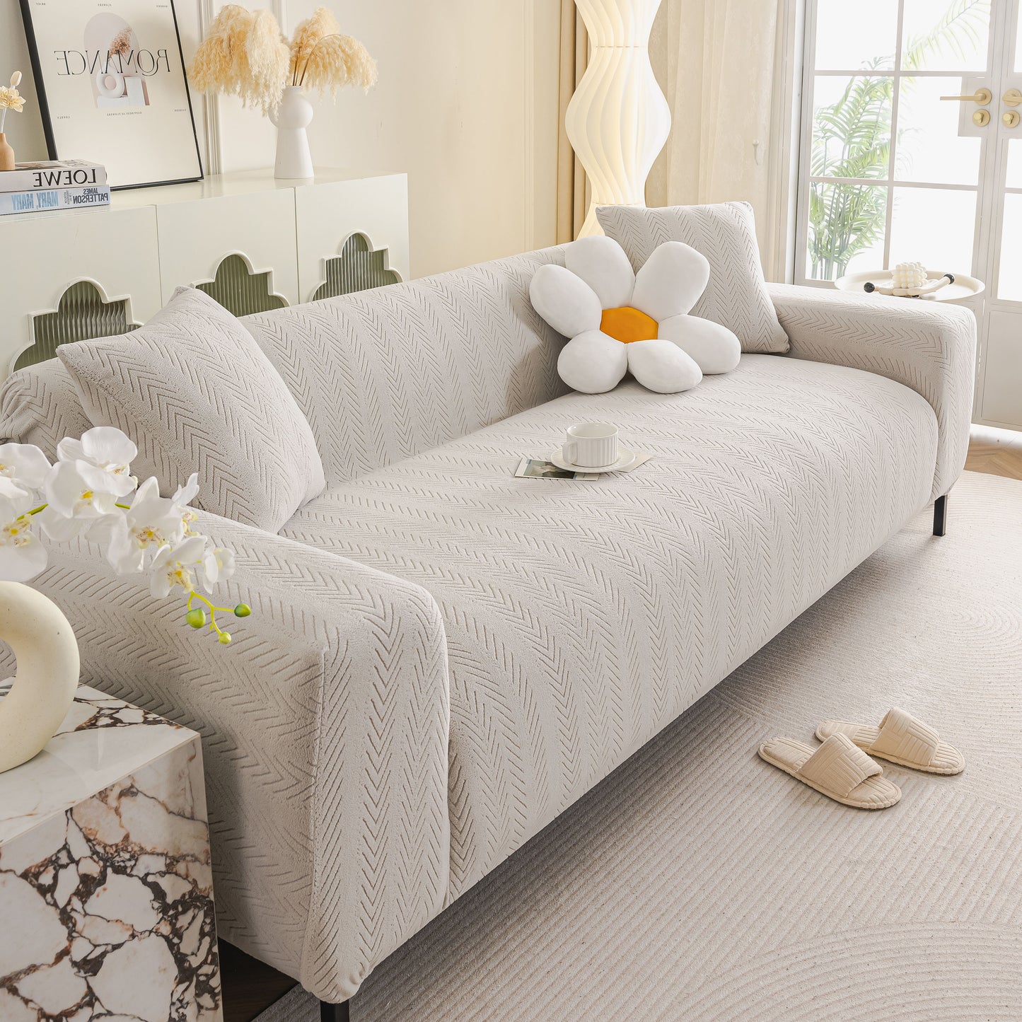 High Stretch Herringbone Textured Slipcover for Standard & L-Shaped Sectional Couches