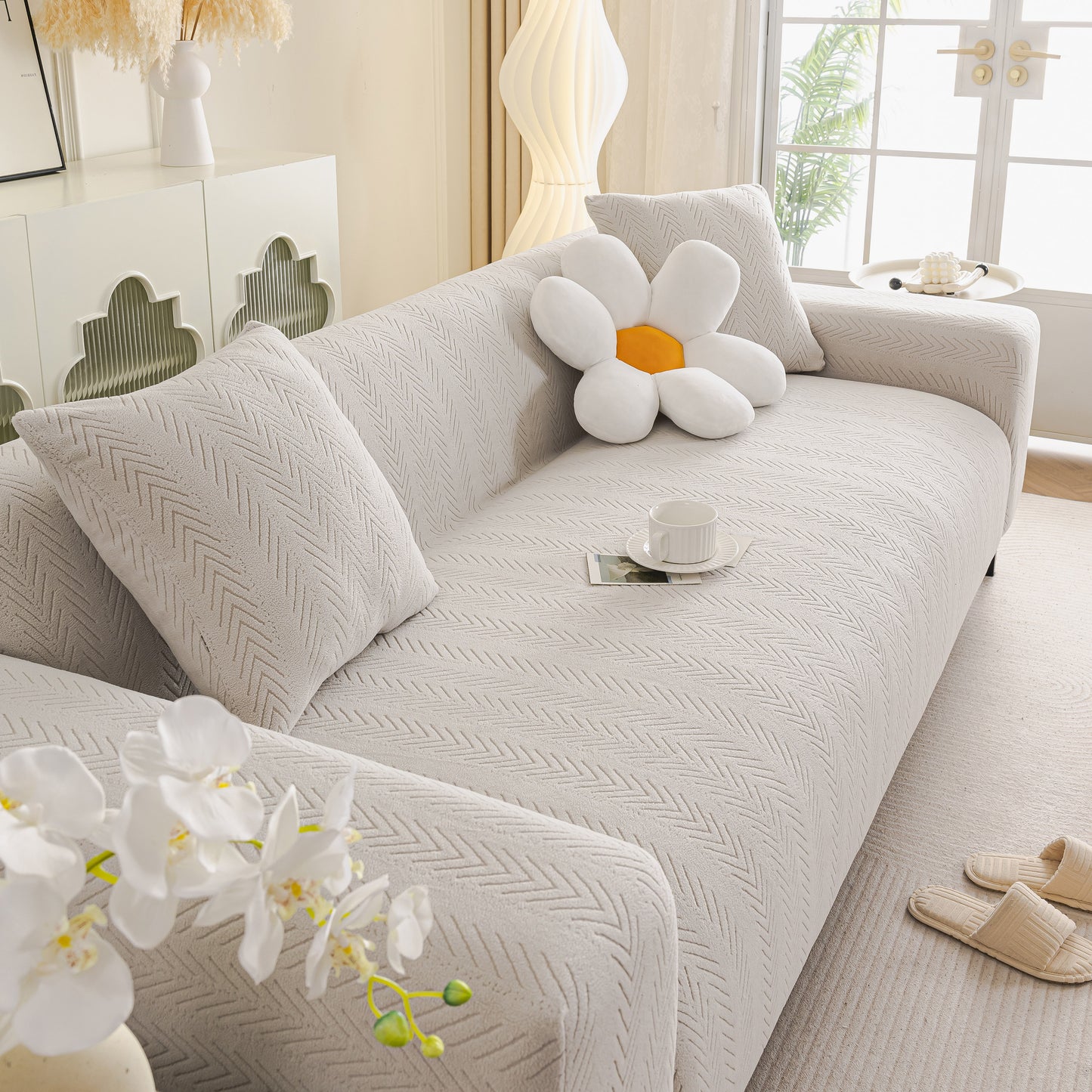 High Stretch Herringbone Textured Slipcover for Standard & L-Shaped Sectional Couches