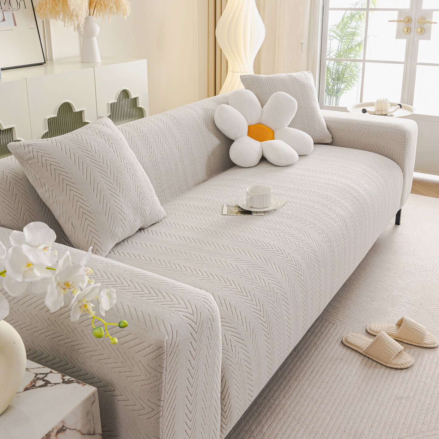 High Stretch Herringbone Textured Slipcover for Standard & L-Shaped Sectional Couches