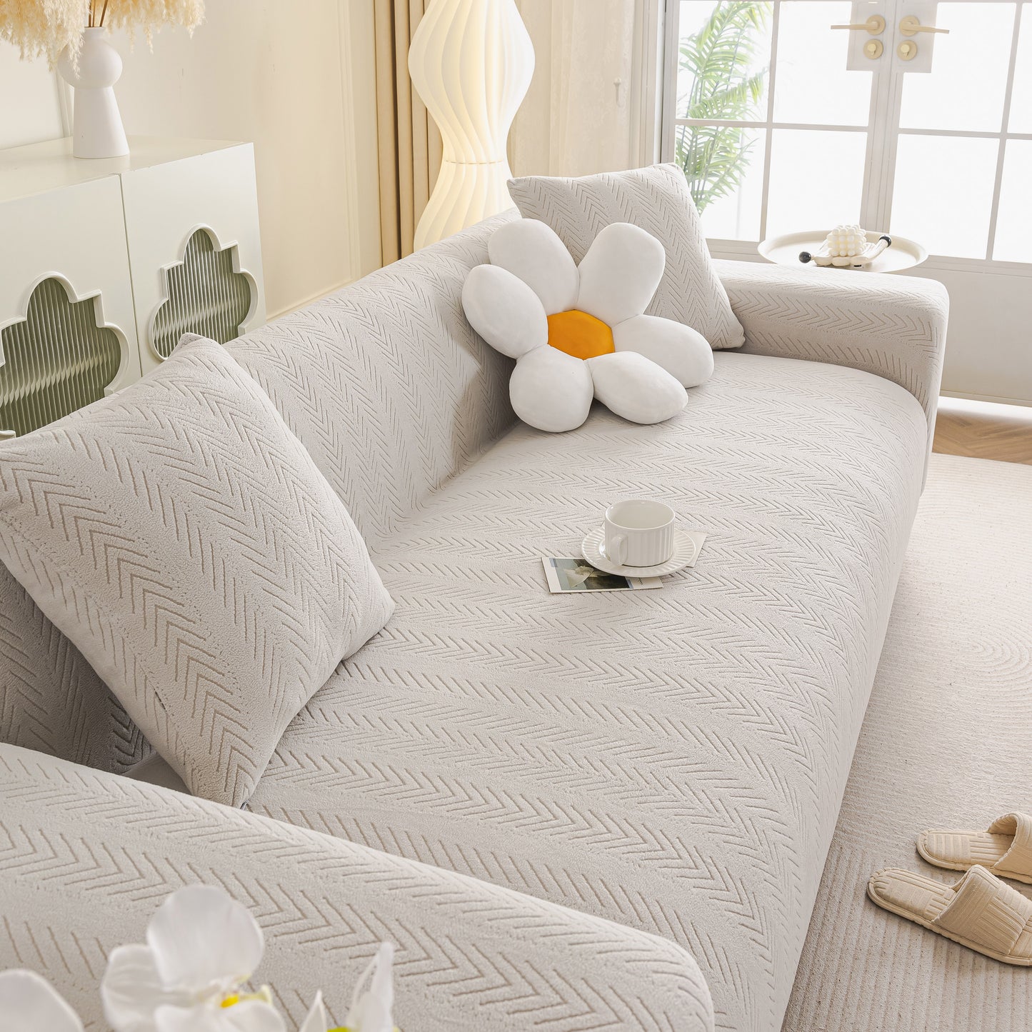 High Stretch Herringbone Textured Slipcover for Standard & L-Shaped Sectional Couches
