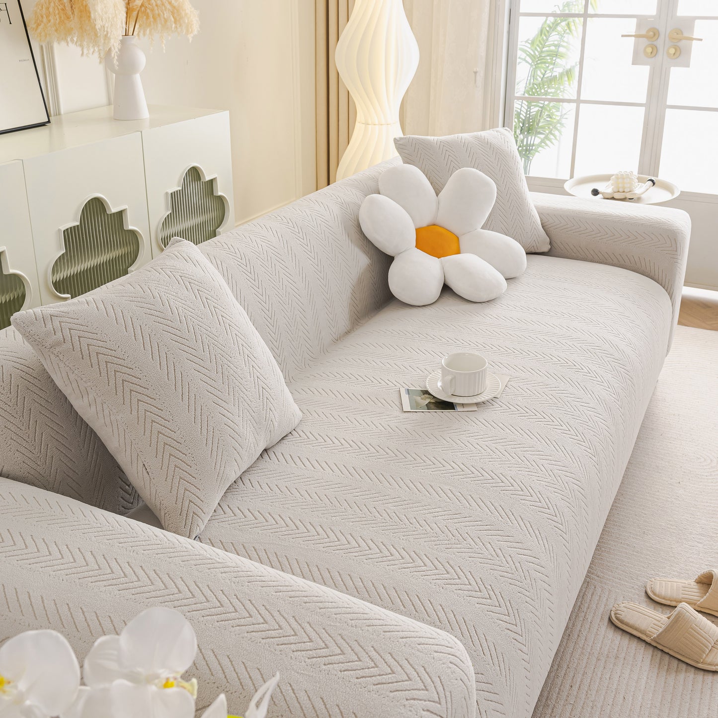 High Stretch Herringbone Textured Slipcover for Standard & L-Shaped Sectional Couches