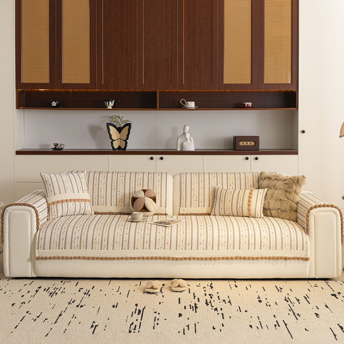 Textured Striped Sofa Cover with Plush Trim, Non-Slip Couch Protector Sectional Covers