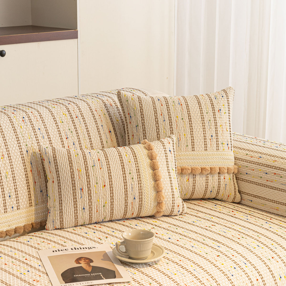 Textured Striped Sofa Cover with Plush Trim, Non-Slip Couch Protector Sectional Covers
