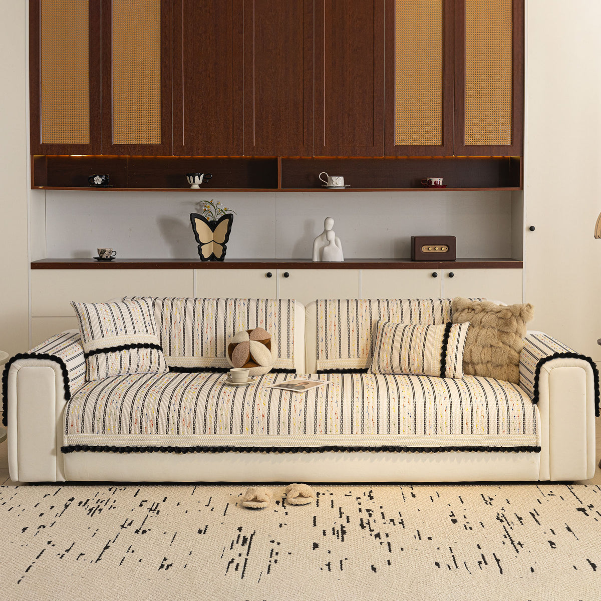 Textured Striped Sofa Cover with Plush Trim, Non-Slip Couch Protector Sectional Covers