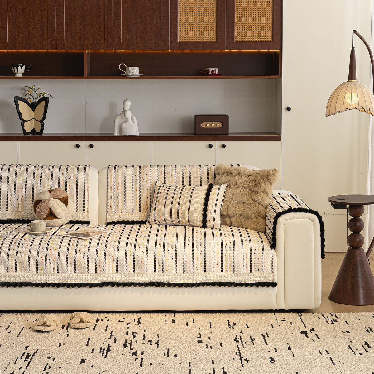 Textured Striped Sofa Cover with Plush Trim, Non-Slip Couch Protector Sectional Covers